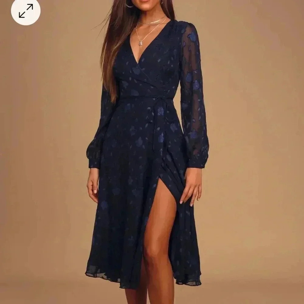 Evening Of Elegance Navy Floral Wrap Midi Dress